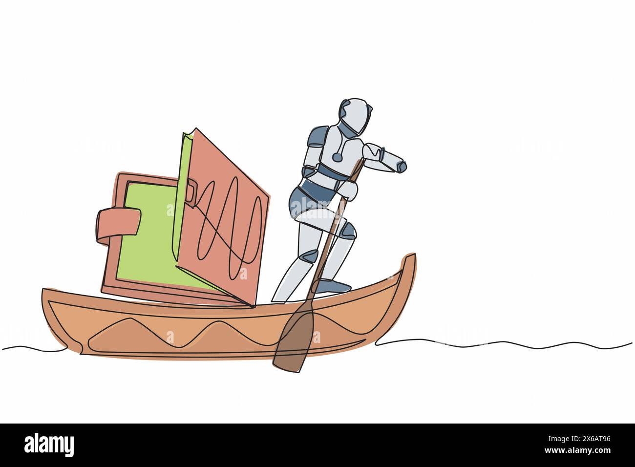 Robot continuo con una sola linea che disegna la barca a vela con il portafoglio. Problema nell'azienda tecnologica dovuto alla crisi economica. Organismo cibernetico robot umanoide Illustrazione Vettoriale