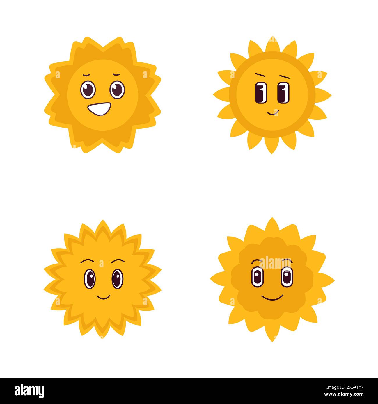 Tramontare il sole giallo felice con il viso. Vettore scanalato isolato. Simpatici simboli di mascotte comiche. Progettare elementi grafici. Foto Stock