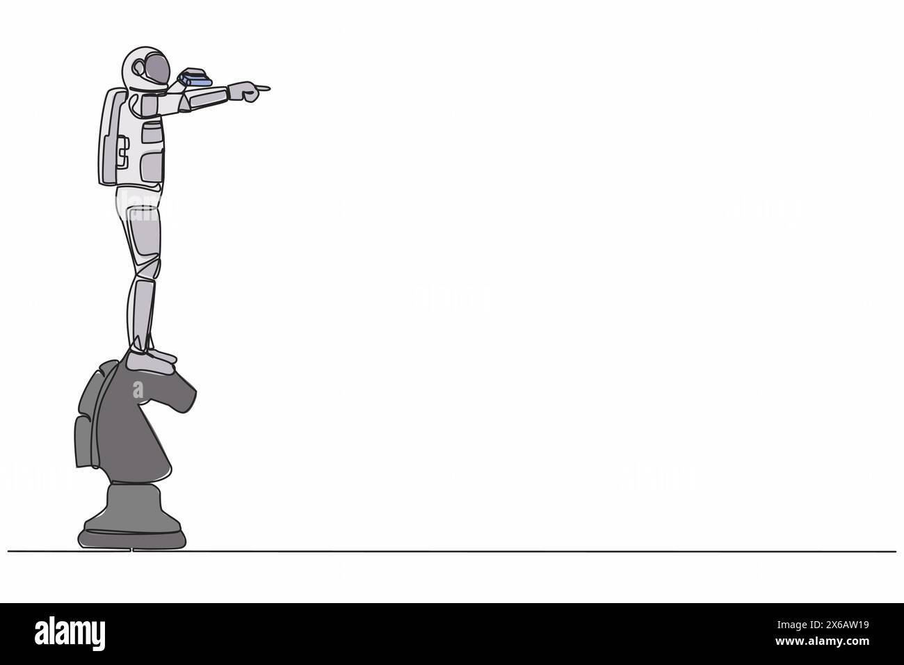 Una sola linea che disegna l'astronauta sul grande pezzo di scacchi del cavallo usando il binoculare. In cerca di una nuova spedizione. Concetto spaziale della galassia cosmica. Moderno Illustrazione Vettoriale