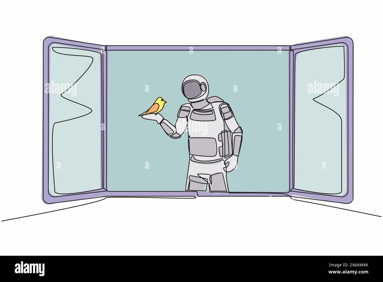 Linea singola continua che disegna un giovane astronauta con un animale domestico sulla mano. Aprire la finestra, cercando aria fresca sulla superficie lunare. Con cosmonauta nello spazio profondo Illustrazione Vettoriale