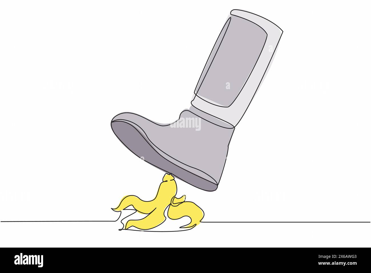 Una linea continua che disegna un passo della gamba di un giovane astronauta sulla buccia di banana. Pericolo imminente, buccia di banana sotto i piedi. Concetto di rischio scientifico. Centro benessere esterno con cosmonauti Illustrazione Vettoriale