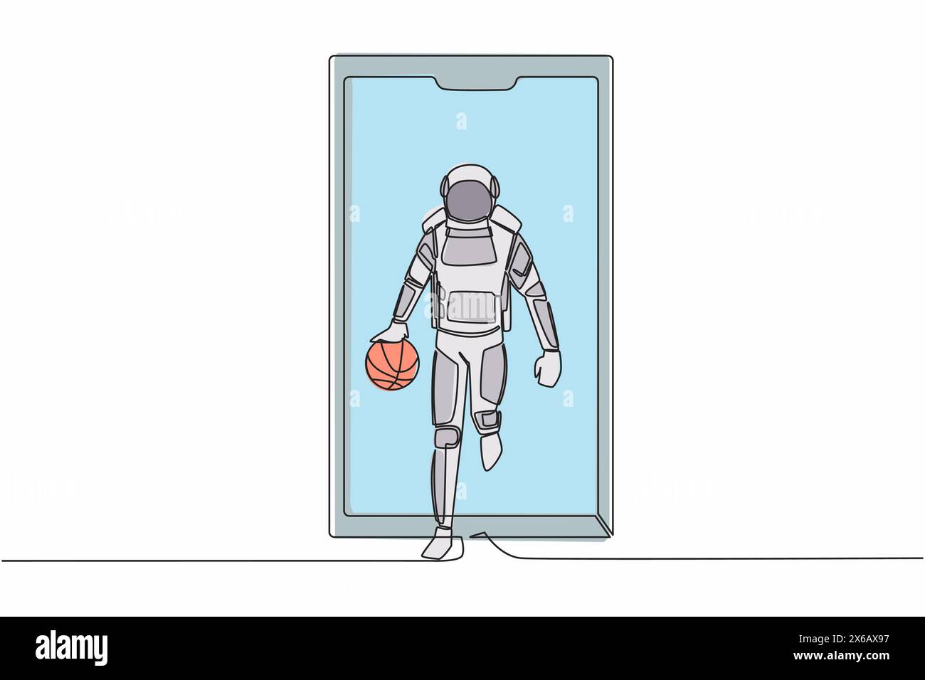Una linea continua disegna un giocatore di basket astronauta che corre e dribbling con la palla fuori dallo schermo dello smartphone. App basket. Spac. Esterno cosmonauta Illustrazione Vettoriale