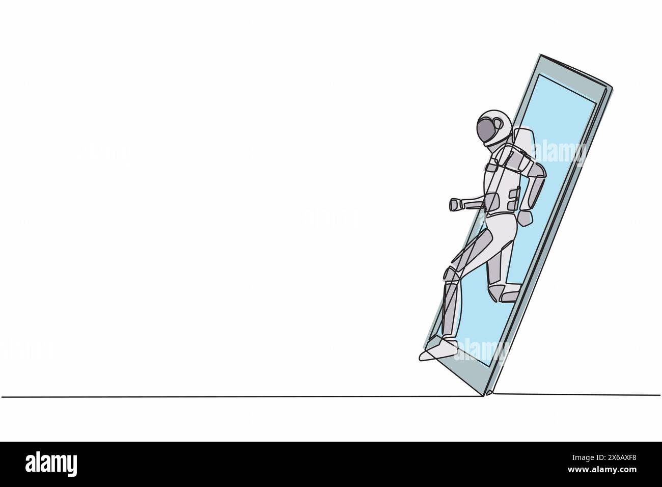 Una sola linea disegna l'attenzione del corridore astronauta per correre veloce in pista, uscendo dallo schermo dello smartphone. Partite sportive mobili. Spazio della galassia cosmica Illustrazione Vettoriale