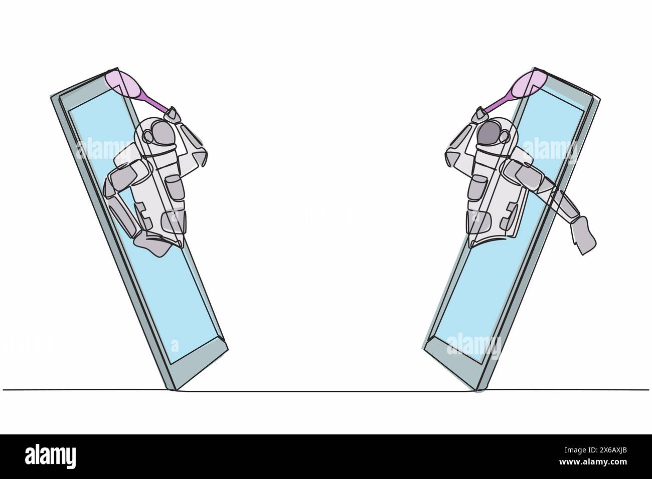 Un solo disegno di due giovani giocatori di tennis astronauti esce dal cellulare pronto a giocare sulla superficie lunare. Spazio della galassia cosmica. Contin Illustrazione Vettoriale