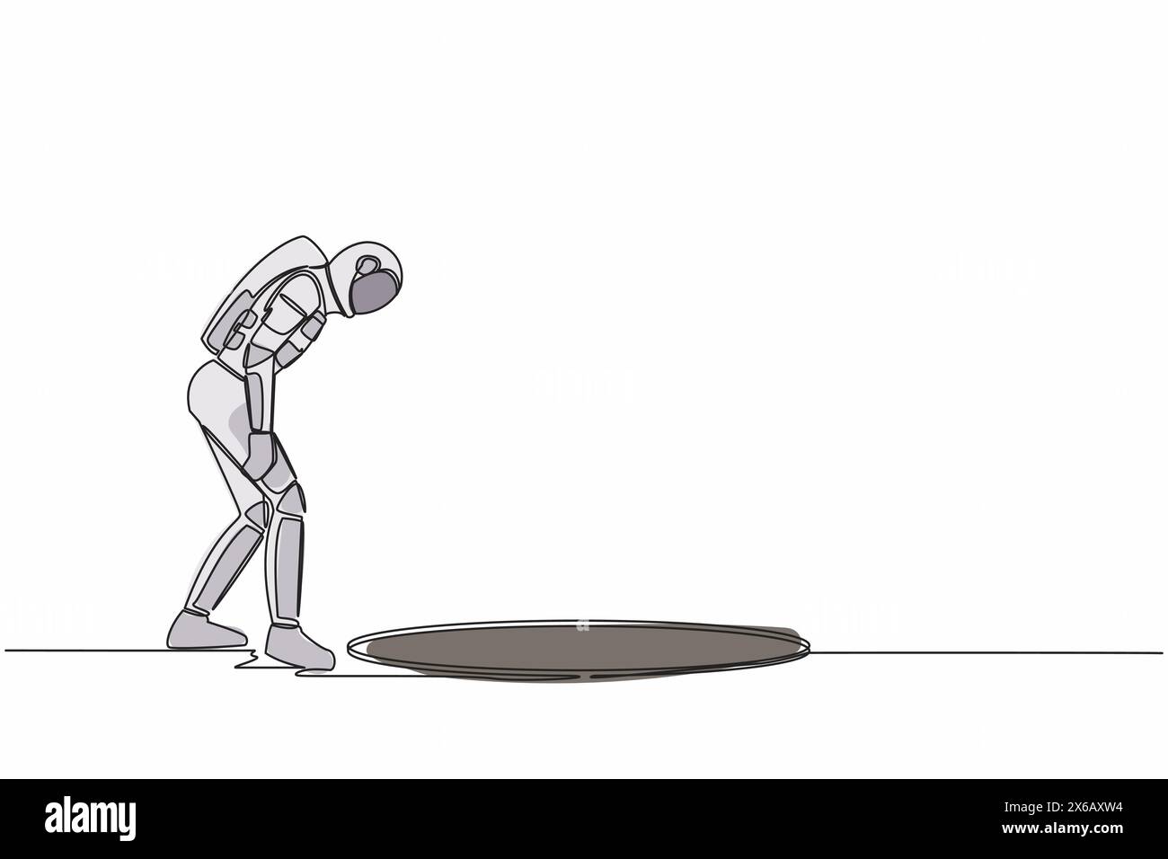 Disegno a linea singola continua di un giovane astronauta che si chiede e guarda un grande buco nero. Esplorazione interstellare delle astronavi. Cosmonauta nello spazio profondo co Illustrazione Vettoriale