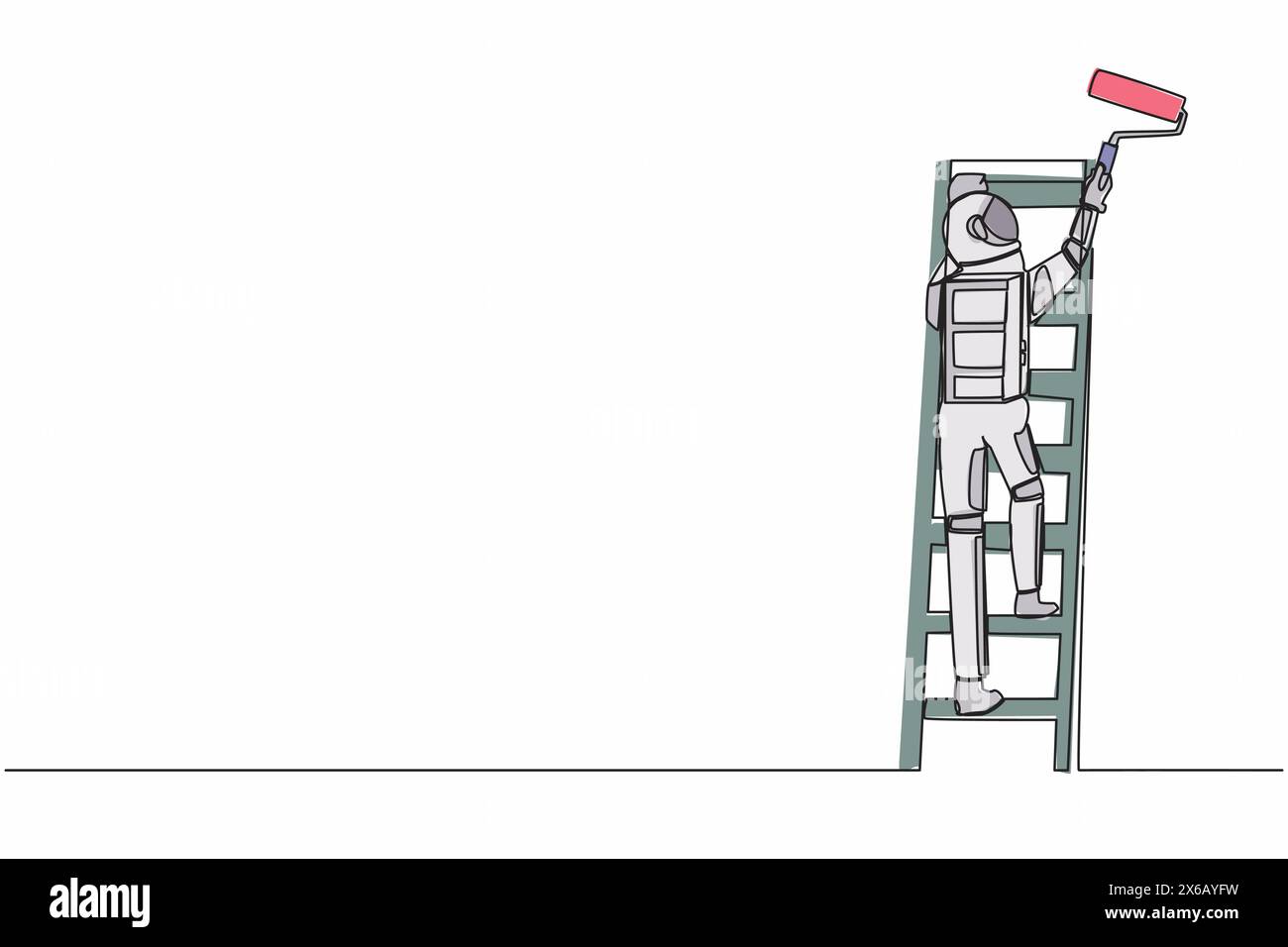 Disegna una sola linea un astronauta, pittore in piedi sulla scala e dipinge il muro in una futura casa. Capacità di riparare il sistema operativo. Spazio della galassia cosmica. Illustrazione Vettoriale