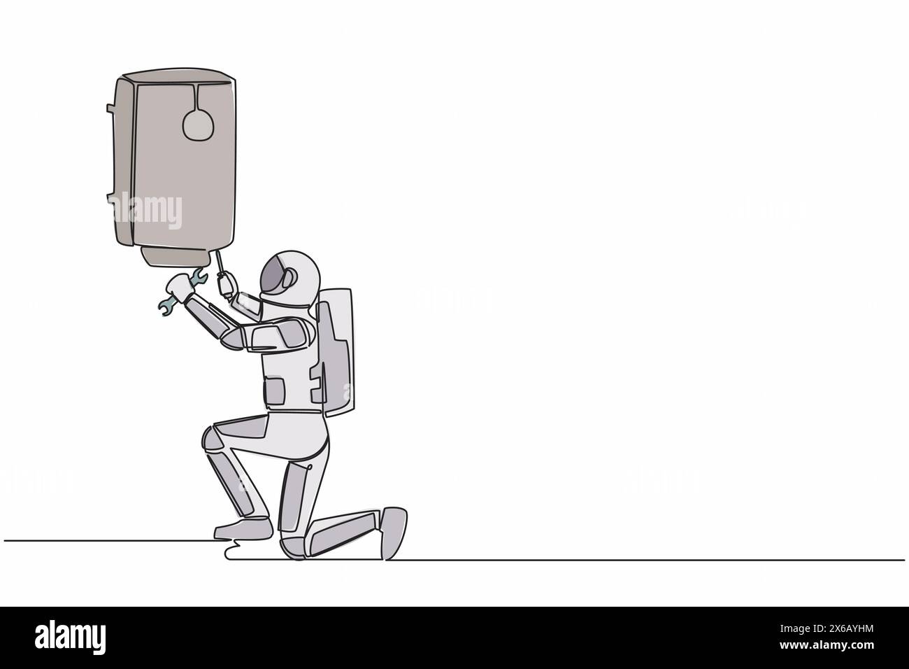 Disegno singolo di un'unica linea idraulico astronauta che installa scaldabagno o caldaia. Decorazioni per la casa del futuro. Lavori di ristrutturazione della casa di preparazione. Spazio della galassia cosmica Illustrazione Vettoriale