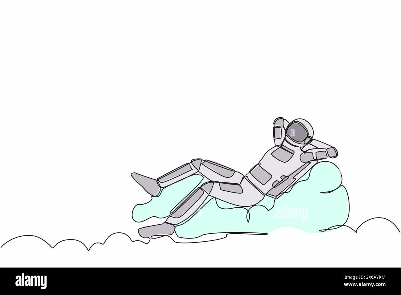 Disegno a linea singola continua di un giovane astronauta che si rilassa posato sulle nuvole dopo l'esplorazione del tunnel spaziale. Sviluppo tecnologico futuro. Cosmonauta profonda Illustrazione Vettoriale