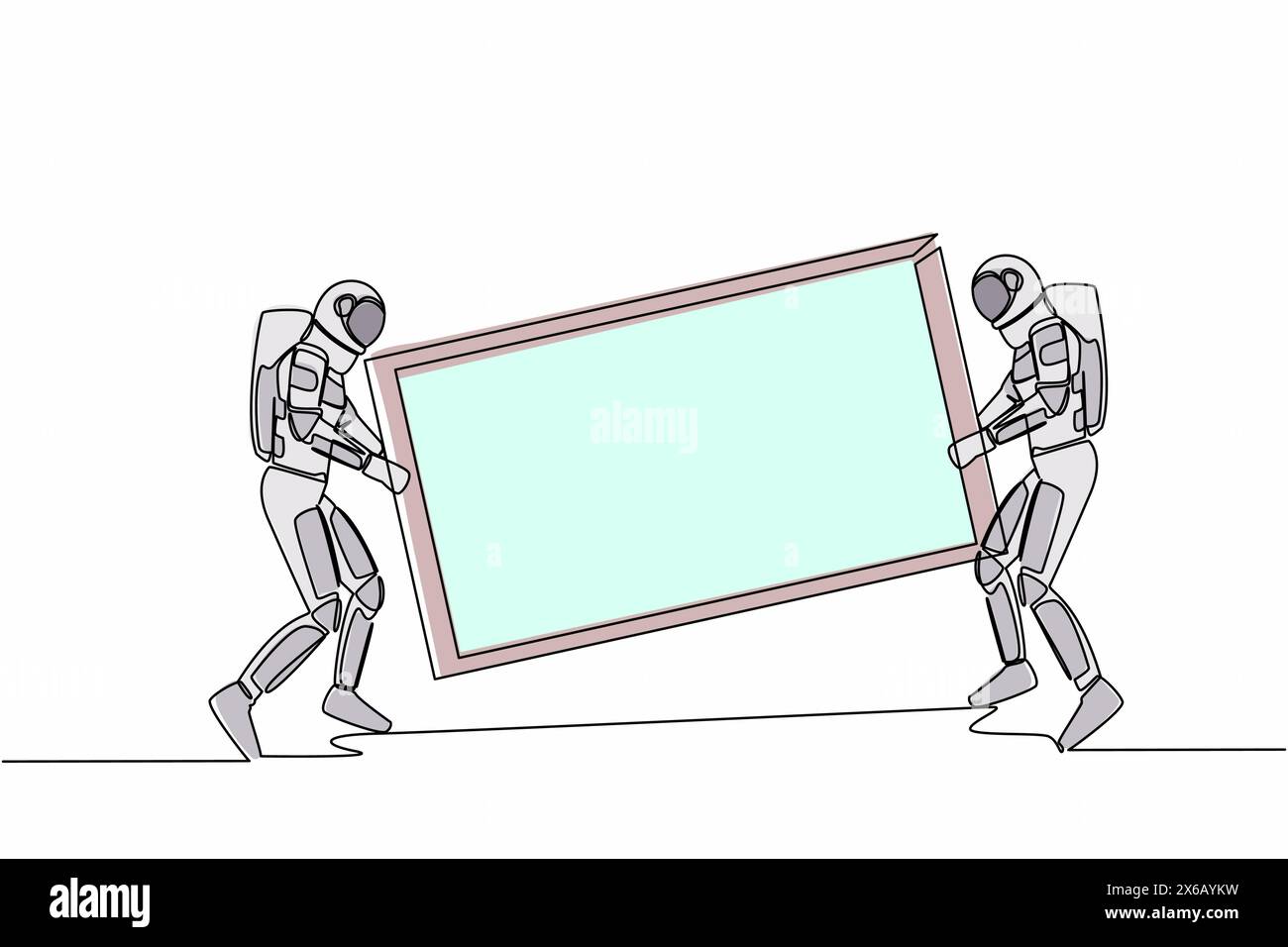Una sola linea che disegna due astronauti che trasportano un grande specchio nel nuovo ufficio spaziale. Spaceman con mobili nella sala dell'edificio sulla superficie lunare. Galassia cosmica Illustrazione Vettoriale