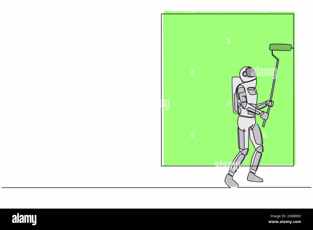 Una sola linea disegna astronauta pittore decoratore al lavoro. Decorazioni future per le case. Preparazione riparazione a domicilio sulla superficie lunare. Spazio della galassia cosmica Illustrazione Vettoriale