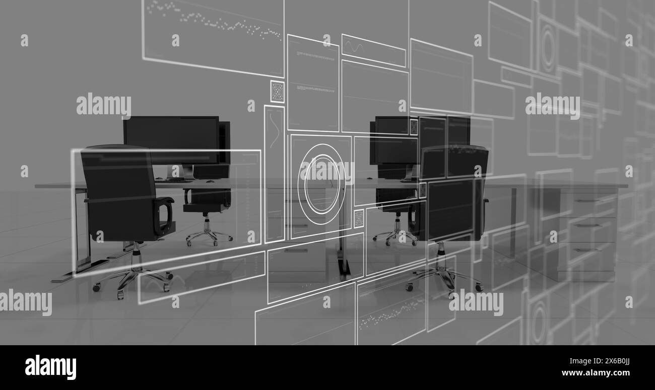 Immagine dell'interfaccia con elaborazione dei dati rispetto all'ufficio vuoto Foto Stock