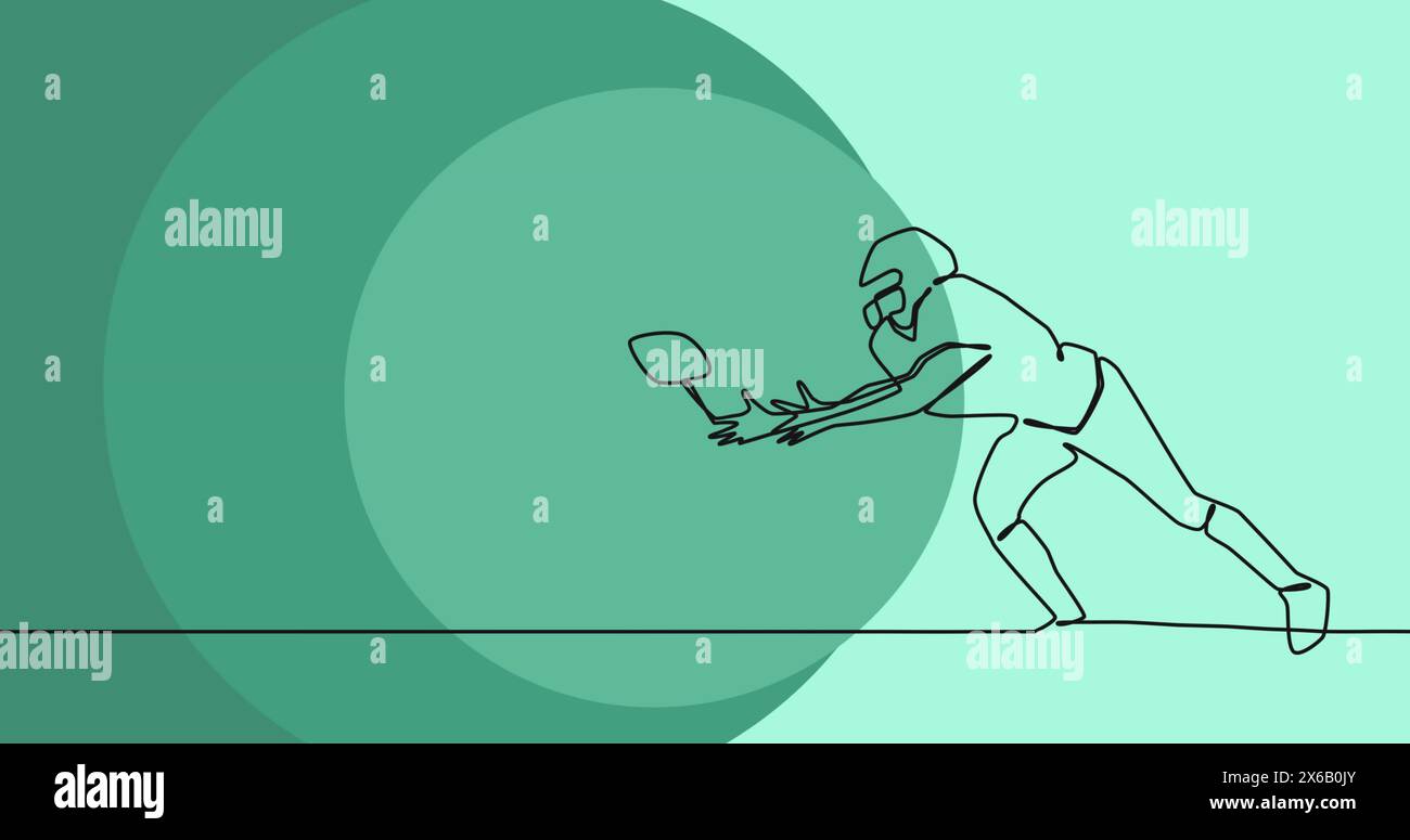 Immagine del disegno di un giocatore di rugby maschile che cattura palla e macchie su sfondo verde Foto Stock