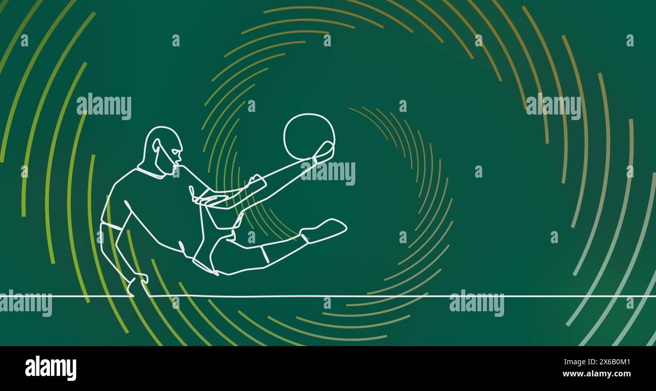 Immagine del disegno del giocatore di calcio maschile che calcia la palla e delle forme su sfondo verde Foto Stock