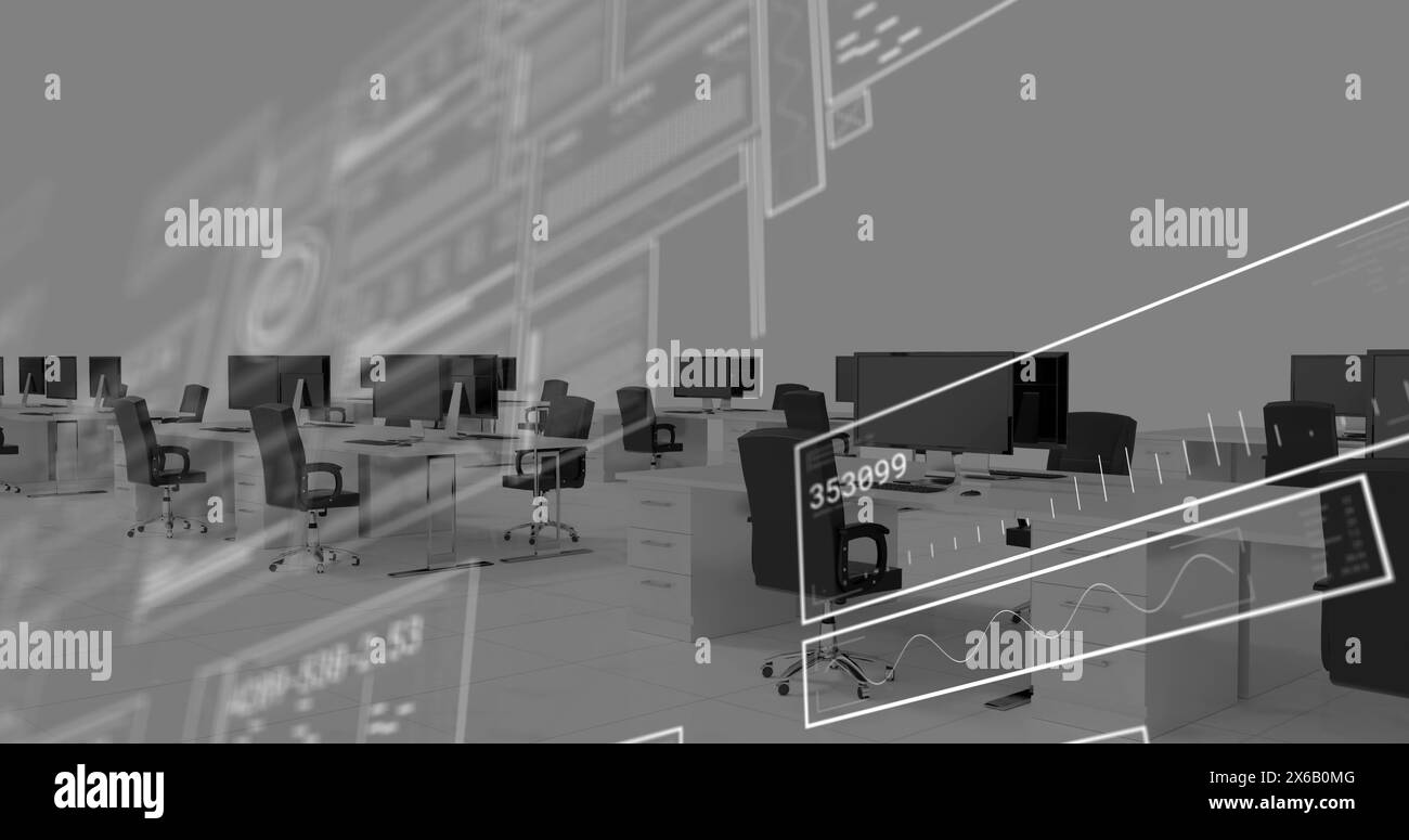 Immagine dell'interfaccia con elaborazione dei dati rispetto all'ufficio vuoto Foto Stock