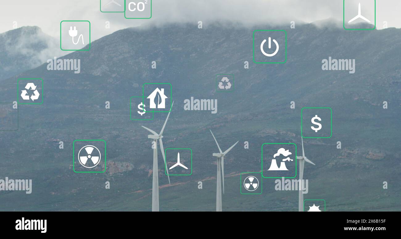 Immagine di icone ecologiche sopra turbine eoliche e paesaggi Foto Stock