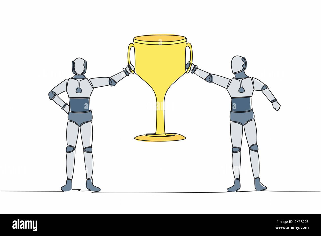 Una sola linea disegna due robot che tengono insieme il trofeo d'oro. Squadra dei vincitori che festeggia la vittoria. Processo di apprendimento automatico dell'intelligenza artificiale. Illustrazione Vettoriale