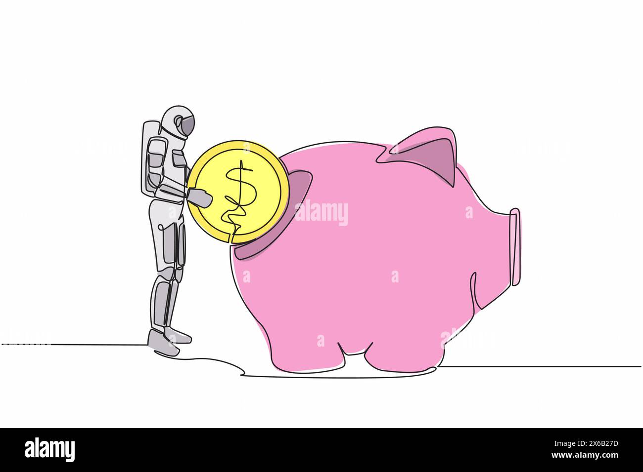 Una sola linea che disegna un giovane astronauta ha messo una moneta da un dollaro nel salvadanaio. Piano di investimento per l'esplorazione interstellare spaziale. Spazio della galassia cosmica. Conti Illustrazione Vettoriale