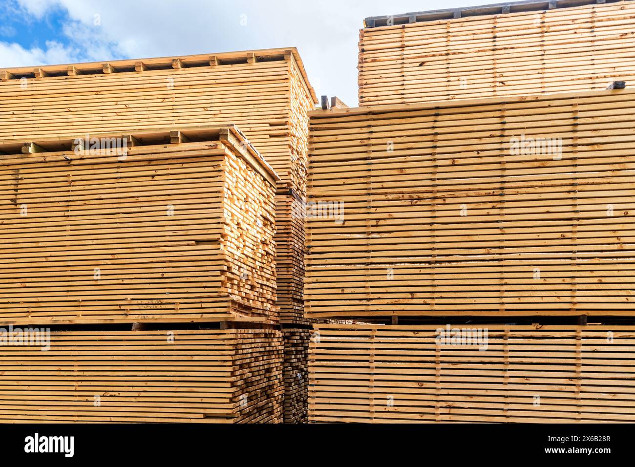 Magazzino di legno all'aperto con pile di tavole di legno pronte per la spedizione in Australia Foto Stock