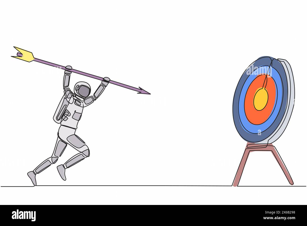 Una linea continua disegna l'astronauta tenendo e puntando una freccia grande sul bersaglio. Raggiungimento degli obiettivi di esplorazione interstellare delle astronavi. Spac. Esterno cosmonauta Illustrazione Vettoriale