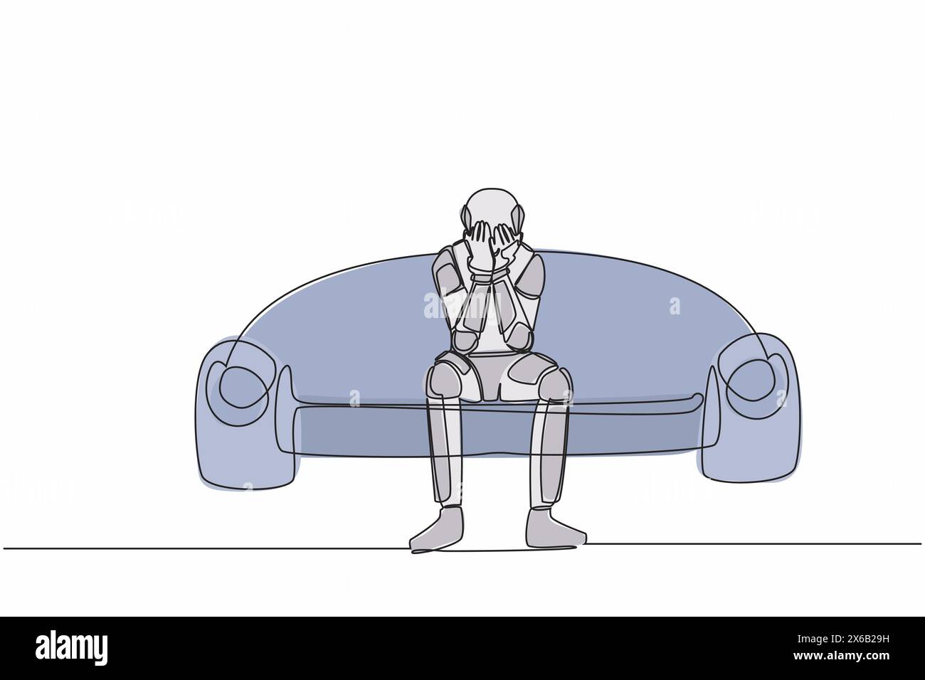 Una sola linea disegna un astronauta seduto sul divano con la faccia coperta, sentendosi in colpa a causa di un fallimento nell'esplorazione del tunnel spaziale. Spazio della galassia cosmica. Conti Illustrazione Vettoriale