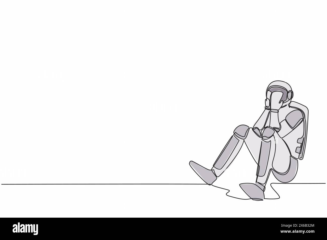 Una sola linea che disegna un giovane astronauta coprire il suo viso con le mani e seduto sul pavimento. Triste a causa del fallimento della compagnia spaziale. Spazio della galassia cosmica Illustrazione Vettoriale