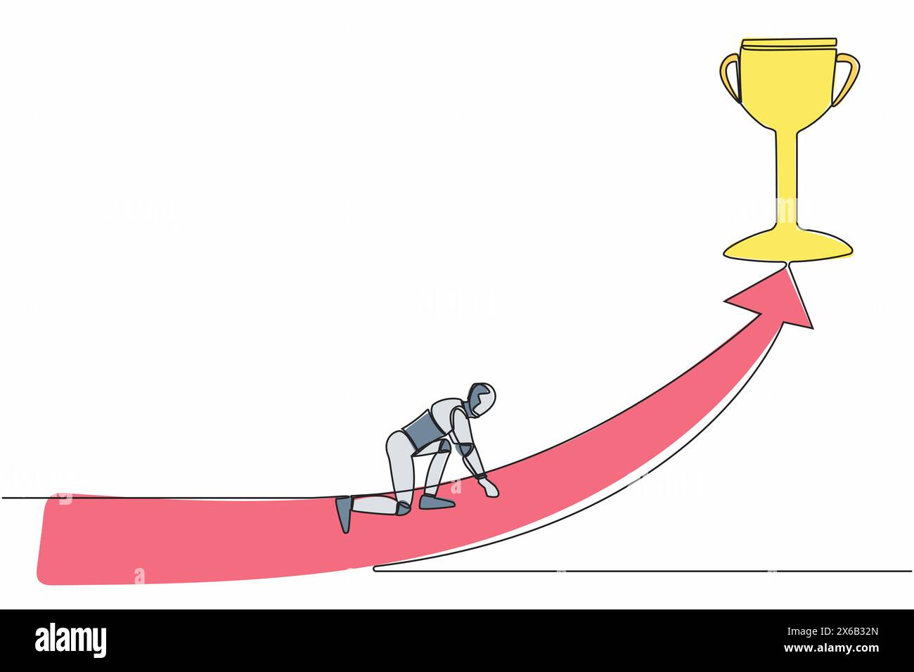 Disegno continuo del robot su una linea preparatevi a correre in sprint e ottenere il trofeo. Organismo cibernetico robot umanoide. Future competizioni di sviluppo robotico Illustrazione Vettoriale