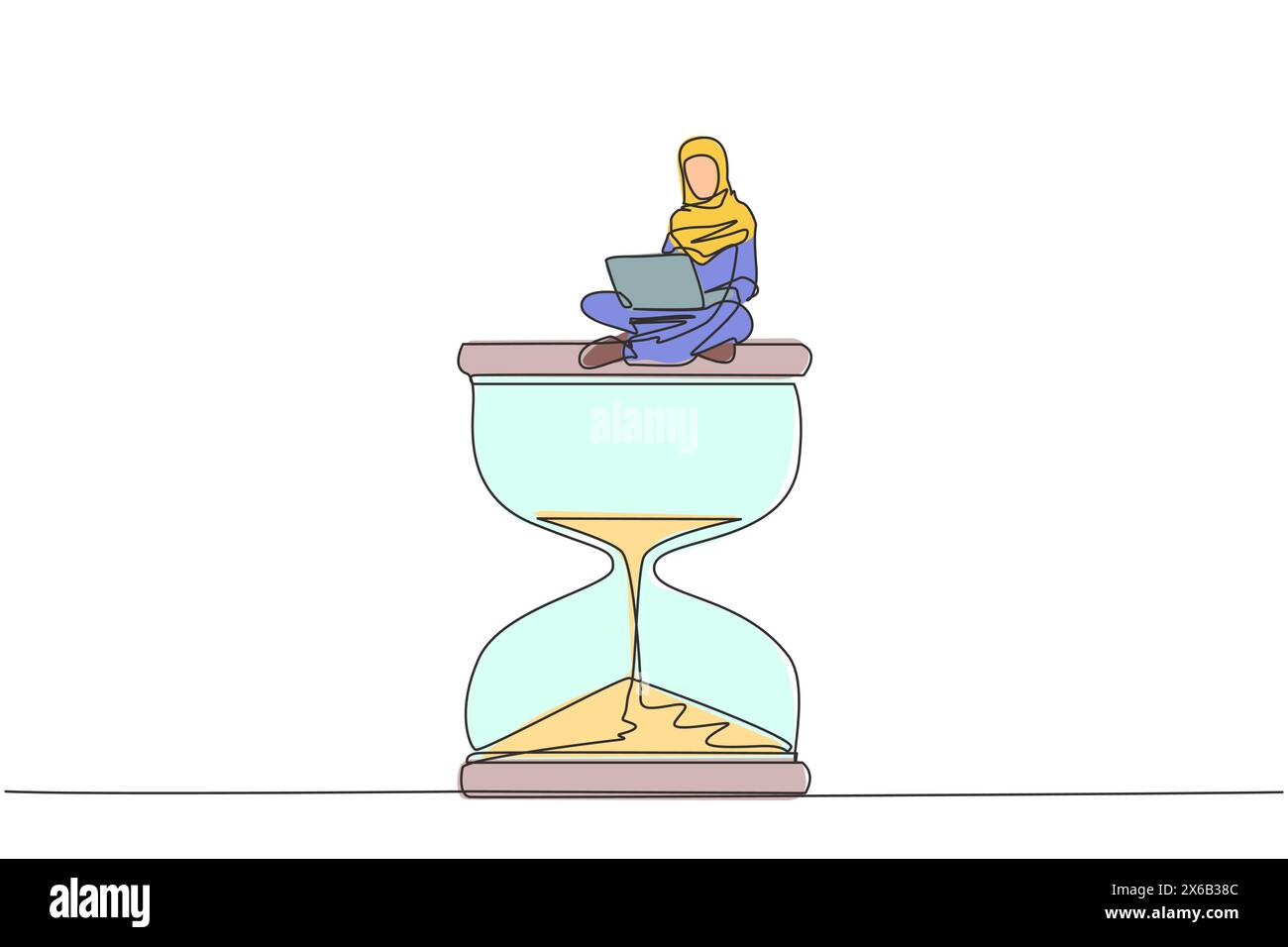 Un unico disegno continuo di una giovane donna d'affari araba seduta su una clessidra gigante mentre lavora su un laptop. Strategia aziendale correlata al tempo ma Illustrazione Vettoriale