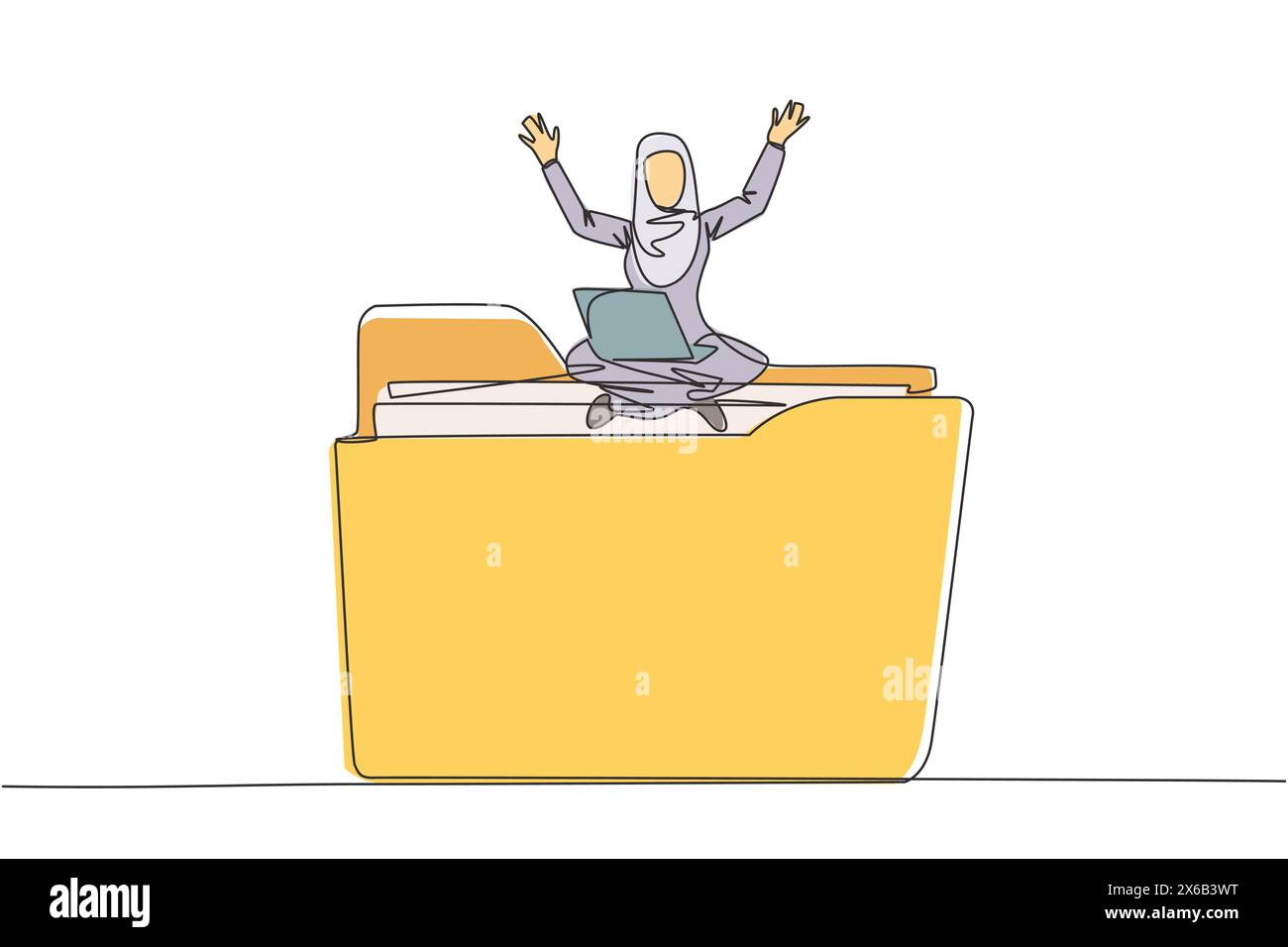Una sola linea disegna una donna d'affari araba seduta sull'icona di una grande cartella che mette il portatile sulle cosce alzando le mani. Un luogo in cui memorizzare i dati di lavoro Illustrazione Vettoriale