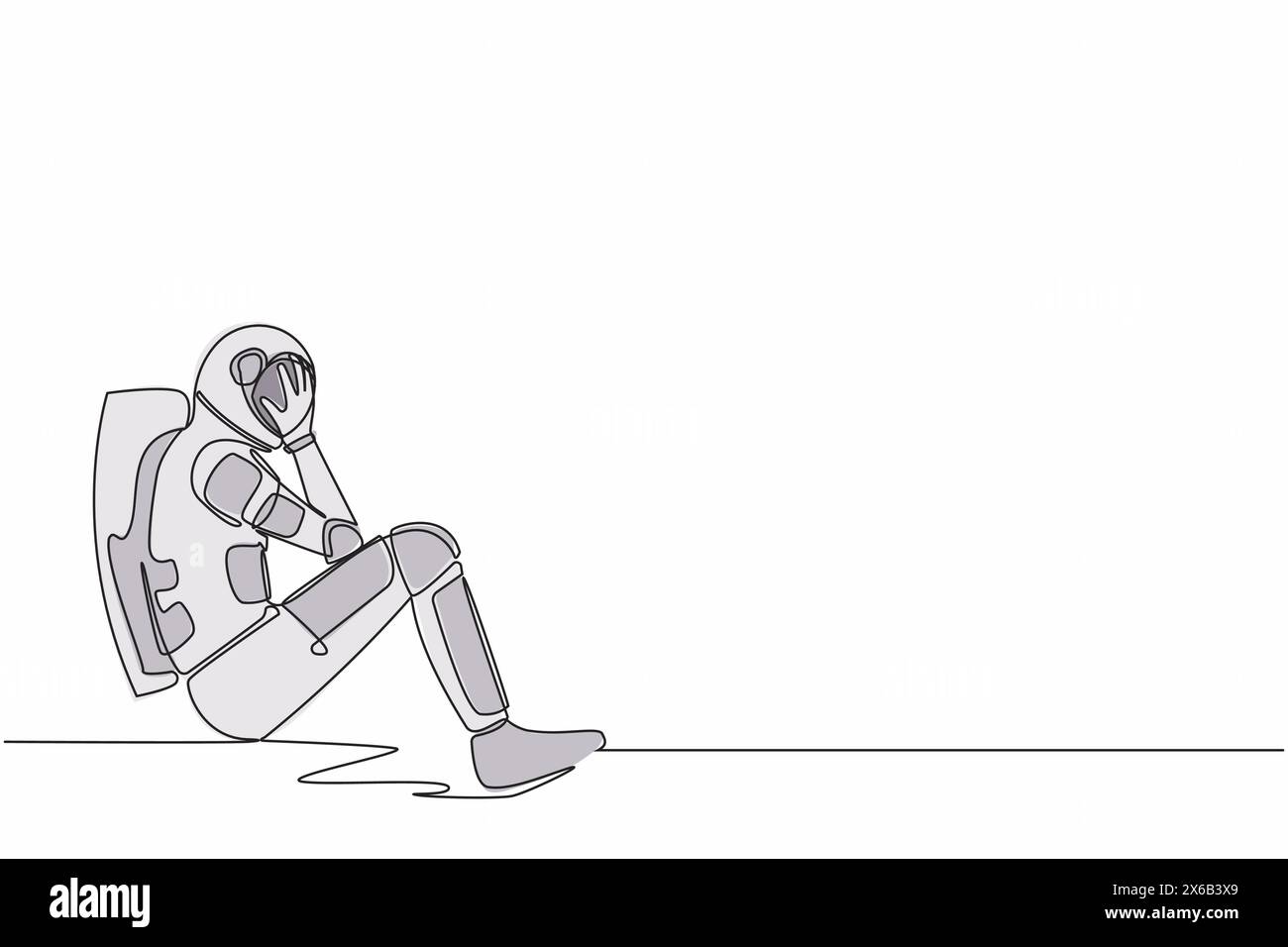 Continua una linea che disegna un giovane astronauta seduto sul pavimento con il suo volto, sentendosi triste a causa del fallimento del viaggio cosmico . Spac. Esterno cosmonauta Illustrazione Vettoriale