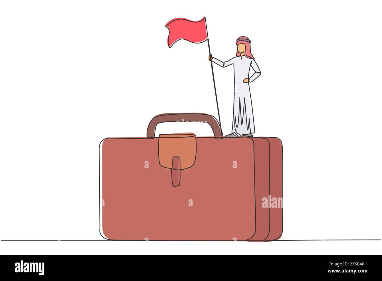 Disegno continuo di una linea di un giovane uomo d'affari arabo in piedi su una valigetta gigante che regge la bandiera. Sono in viaggio di lavoro per trovare nuove idee in sta Illustrazione Vettoriale
