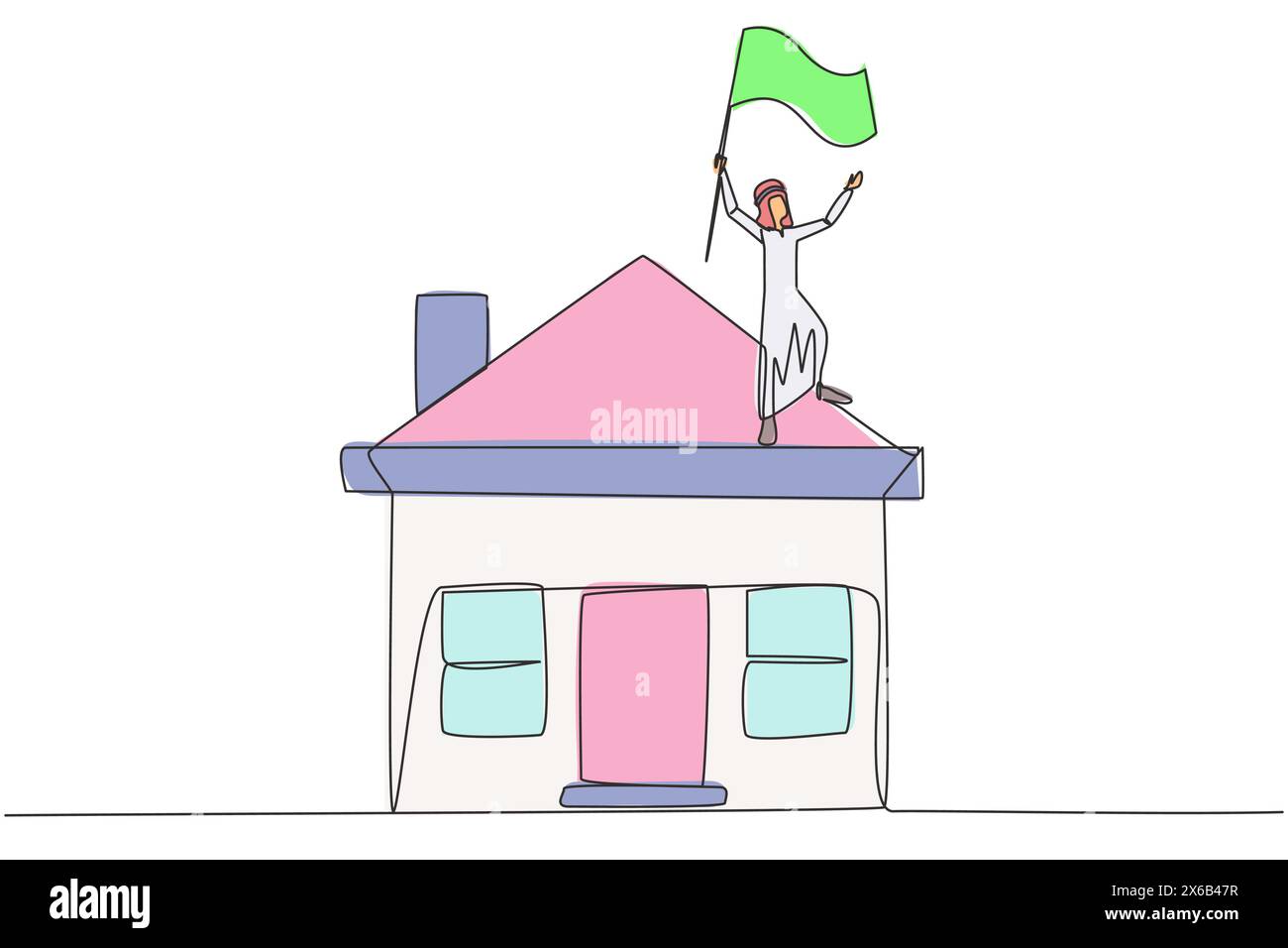 Disegno a linea singola continua di un uomo d'affari arabo in piedi su una casa in miniatura che innalza la bandiera. Imprenditori che hanno successo nella proprietà dese Illustrazione Vettoriale