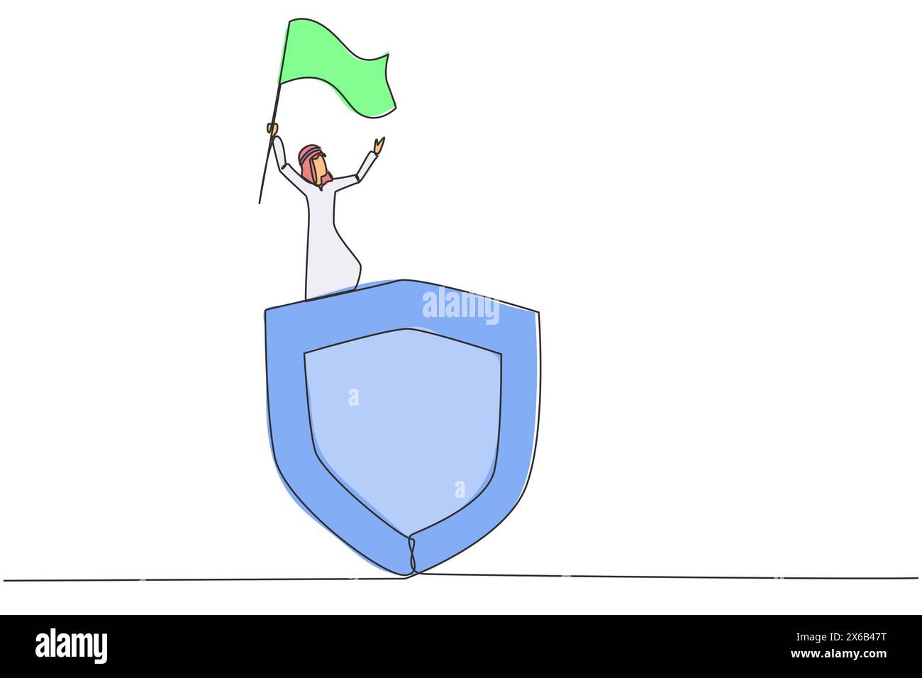 Un unico disegno continuo di un uomo d'affari arabo in piedi su uno scudo gigante che innalza la bandiera. Uomo d'affari della sicurezza di rete che celebra una nuova cooperazione Illustrazione Vettoriale