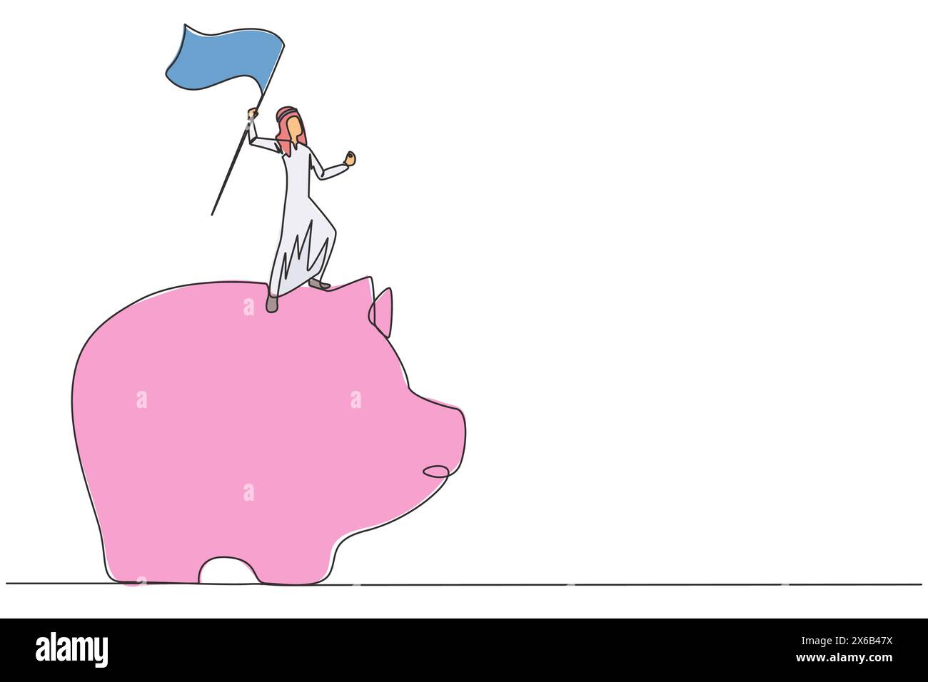 Un solo disegno di un uomo d'affari arabo di successo in piedi su un gigantesco salvadanaio che innalza la bandiera. Investimenti effettuati durante la pandemia di corona a. Illustrazione Vettoriale