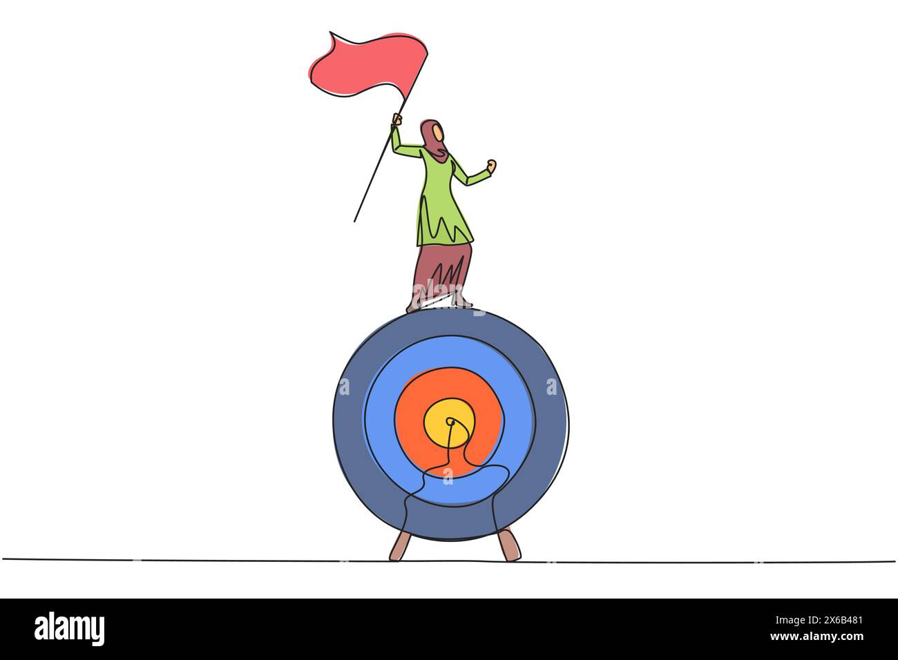 Un solo disegno di una linea di donna d'affari araba in piedi su una grande freccia bersaglio che innalza la bandiera. Concentrati sugli obiettivi, sii paziente, business intelligente, successo Illustrazione Vettoriale