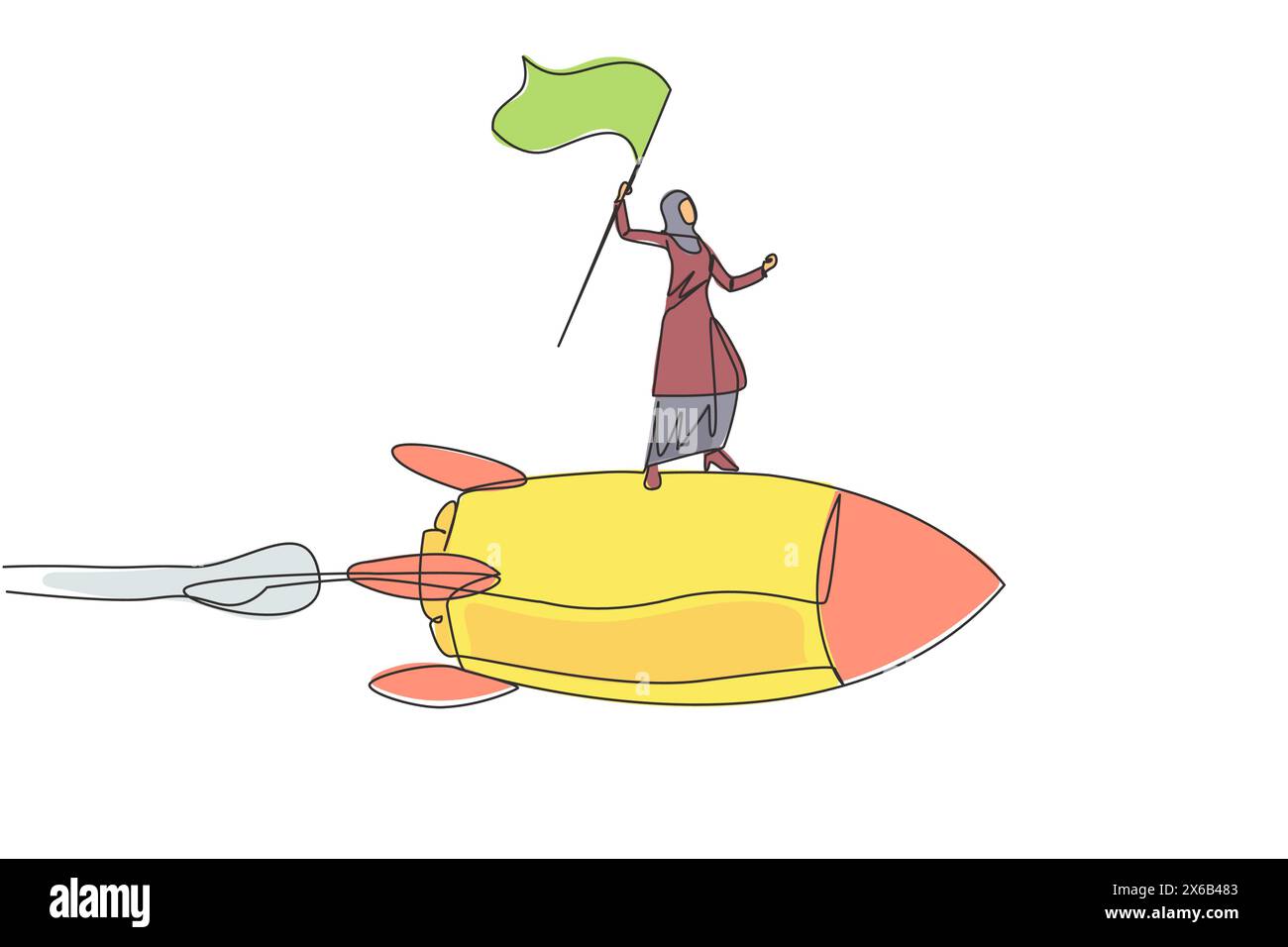 Un solo disegno di una donna d'affari araba di successo in piedi su un razzo volante attraverso il cielo alzando la bandiera. Imprenditore che inizia un nuovo bu Illustrazione Vettoriale