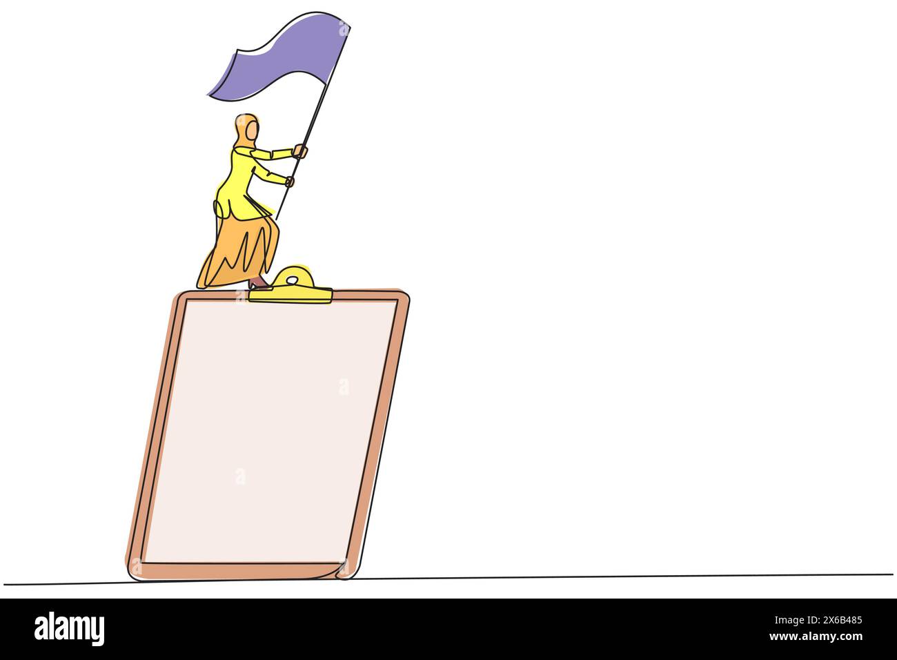Disegno continuo di una linea di una donna d'affari araba in piedi su un grande appunti che innalza la bandiera. Creare un business plan quotidiano per un funzionamento agevole del bus Illustrazione Vettoriale