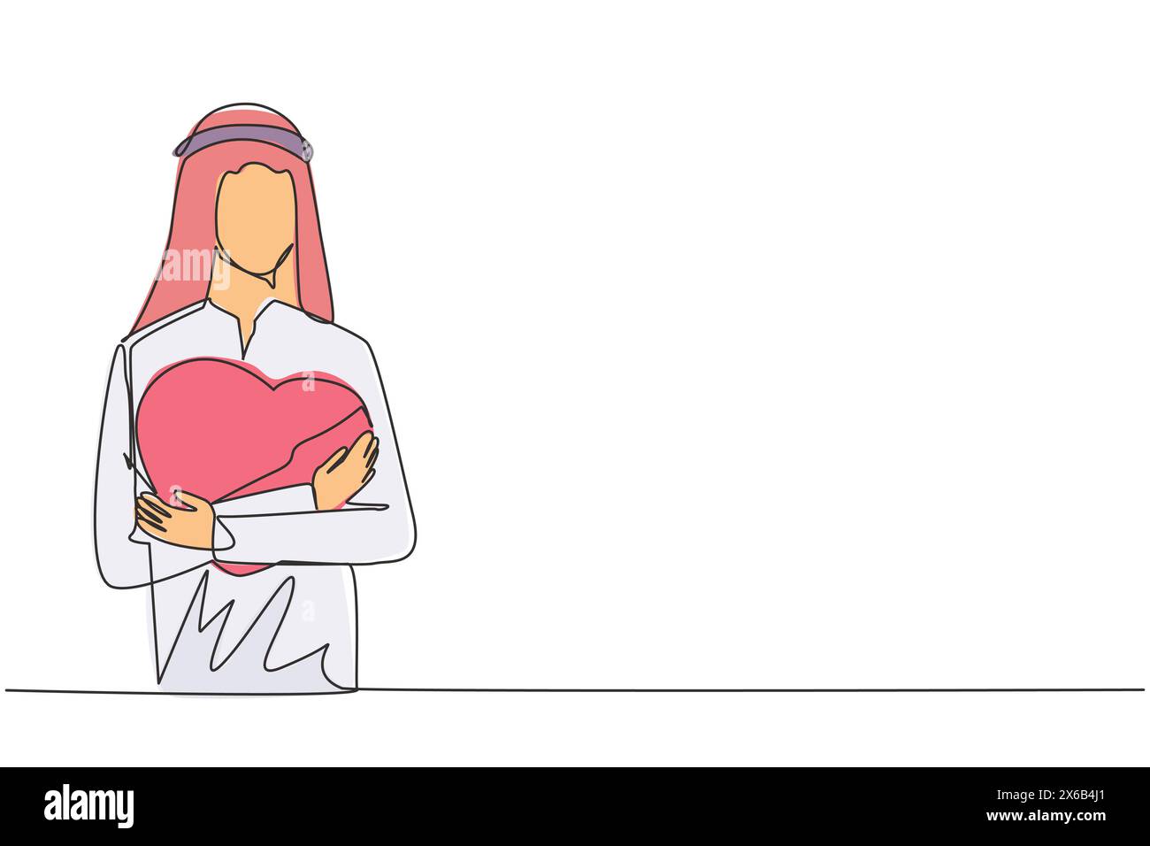 Disegno continuo su una linea di giovane uomo arabo felice con camicia casual che abbraccia un logo rosso a cuore nel petto. Un esempio di tranquillità. Io lo Illustrazione Vettoriale