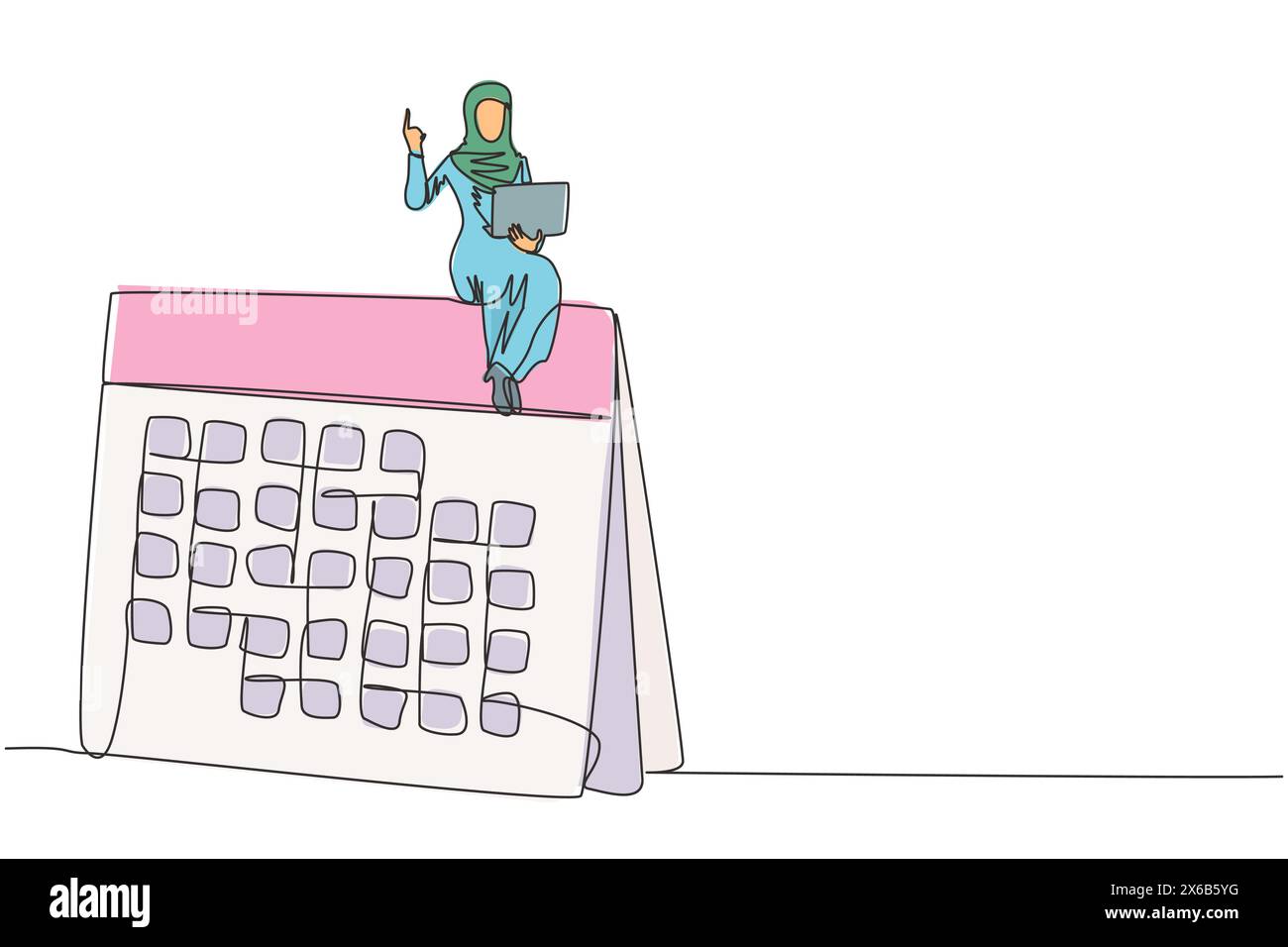 Una linea continua che attira una donna d'affari araba seduta su un gigantesco calendario da scrivania alzando una mano. Inviare un piano di lavoro mensile e prendersi giorni di ferie via onl Illustrazione Vettoriale
