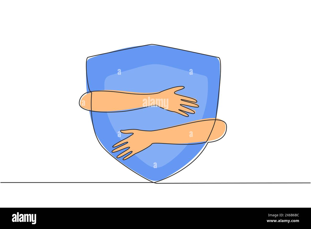 Una linea continua che disegna le mani umane avvolgendo lo scudo. La sicurezza della rete è necessaria in un'azienda. Proteggere i dati personali da una persona malvagia nel cyb Illustrazione Vettoriale