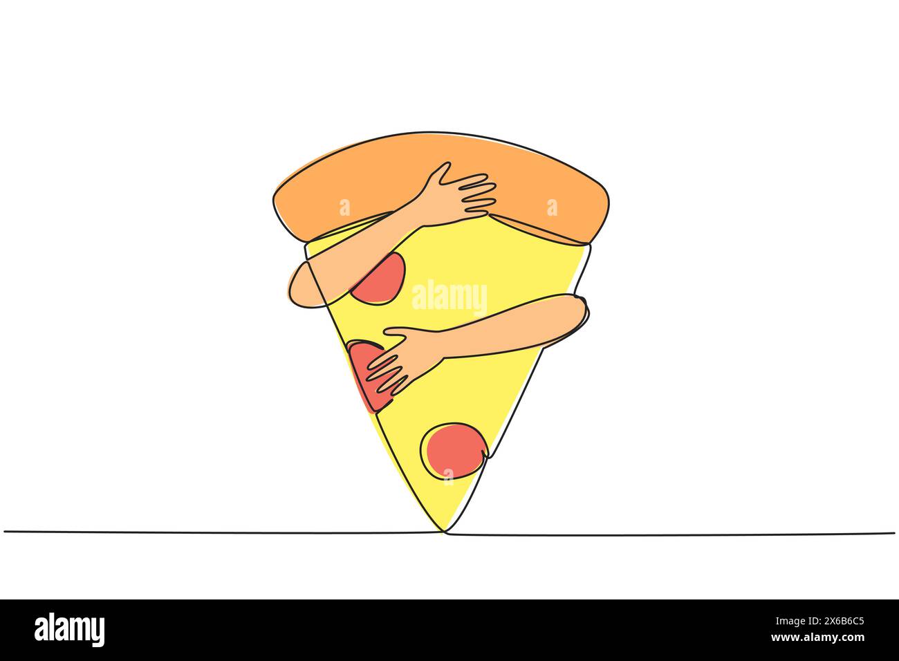 Linea singola continua per disegnare le mani che abbracciano la fetta di pizza. Una fetta di pizza contiene fino a 700 calorie. Le calorie in eccesso non fanno bene al corpo Illustrazione Vettoriale