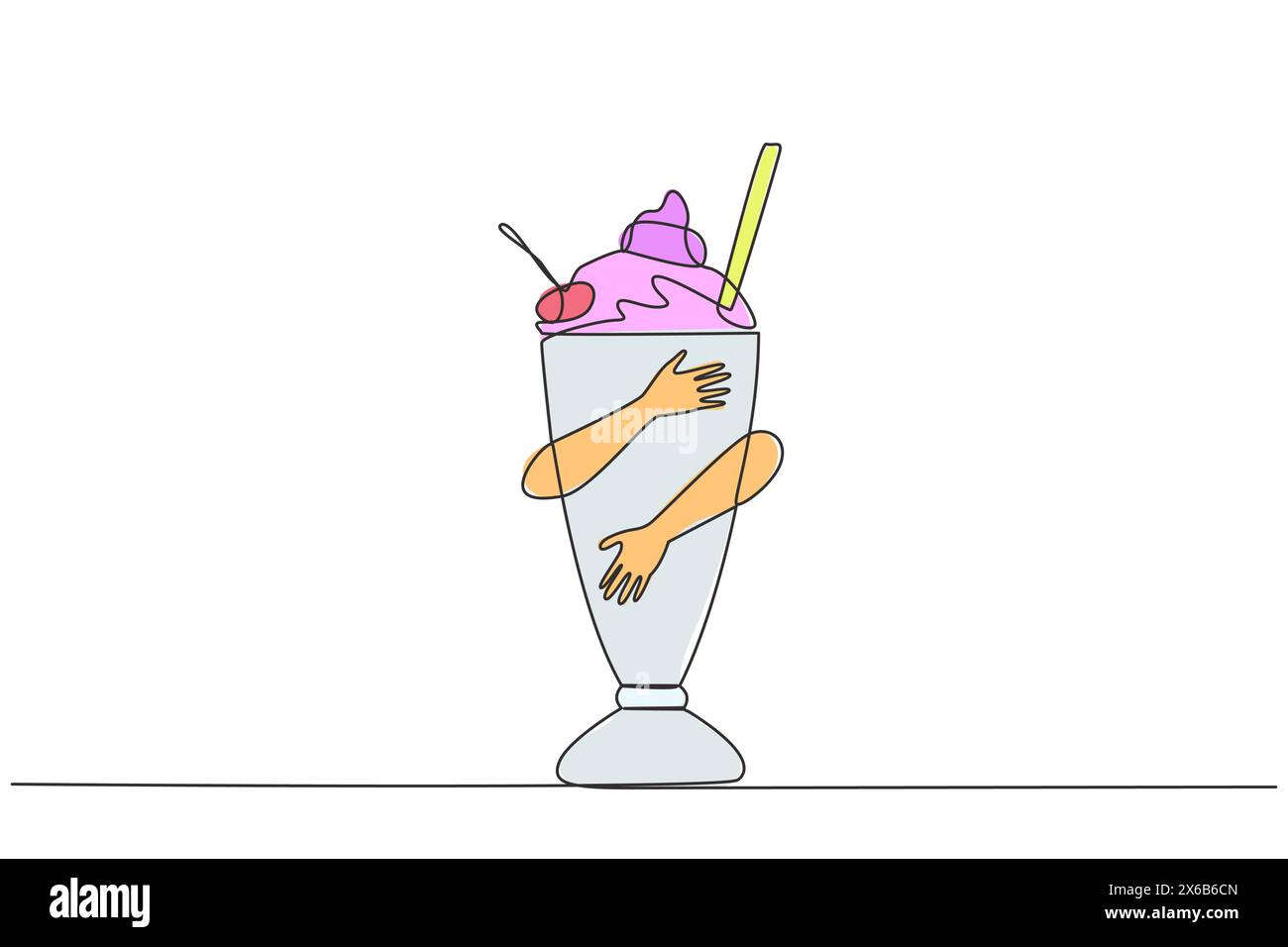 Linea singola continua che disegna le mani umane che abbracciano il milkshake. Bevande a base di latte fresco o latte liquido fresco mescolato con gelato. Il cioccolato è favo Illustrazione Vettoriale