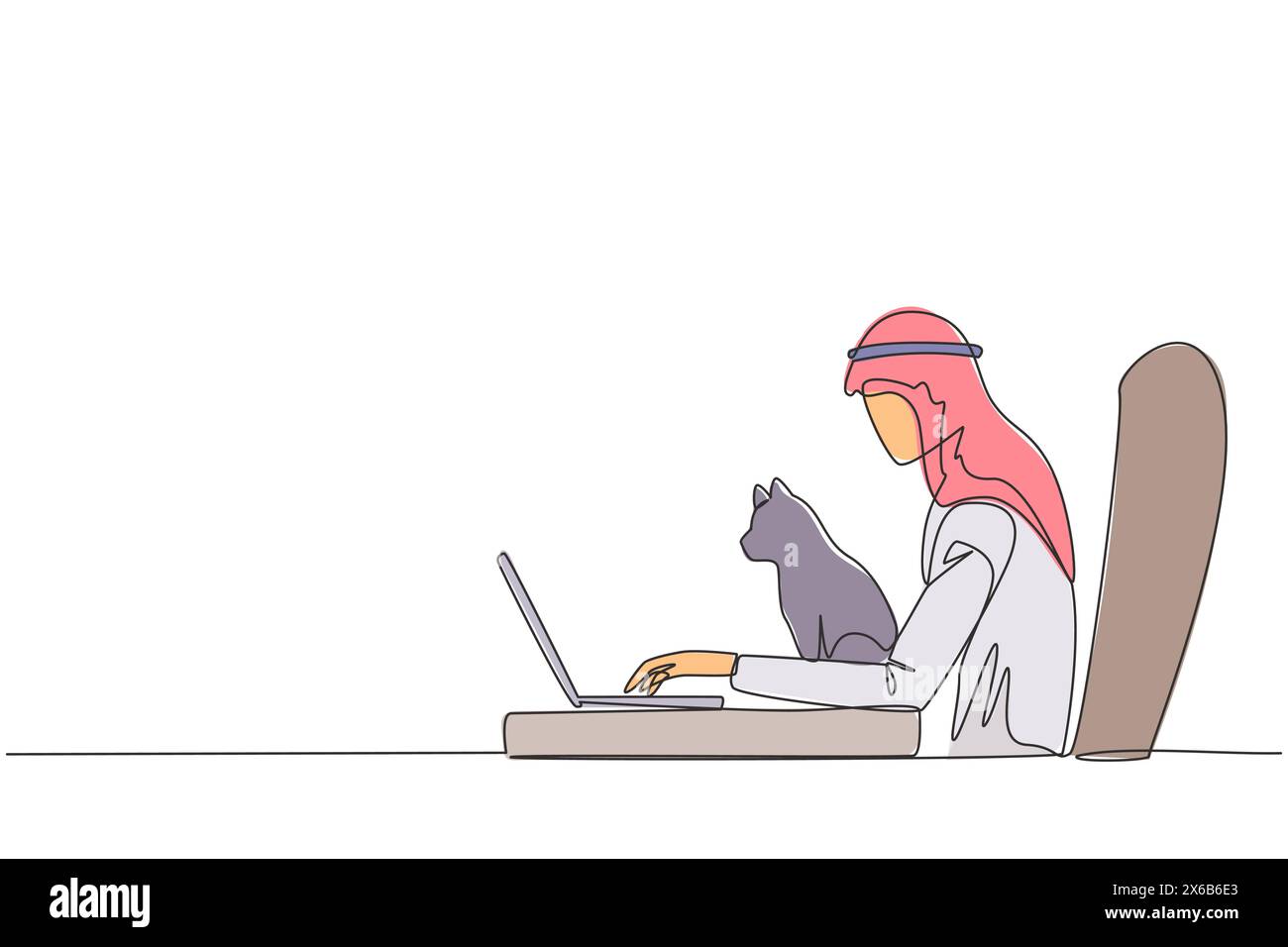 Un unico disegno continuo di un giovane arabo seduto su una sedia da gioco che gioca a un gioco su un notebook. Mentre indossi l'amato gatto sul laptop Illustrazione Vettoriale