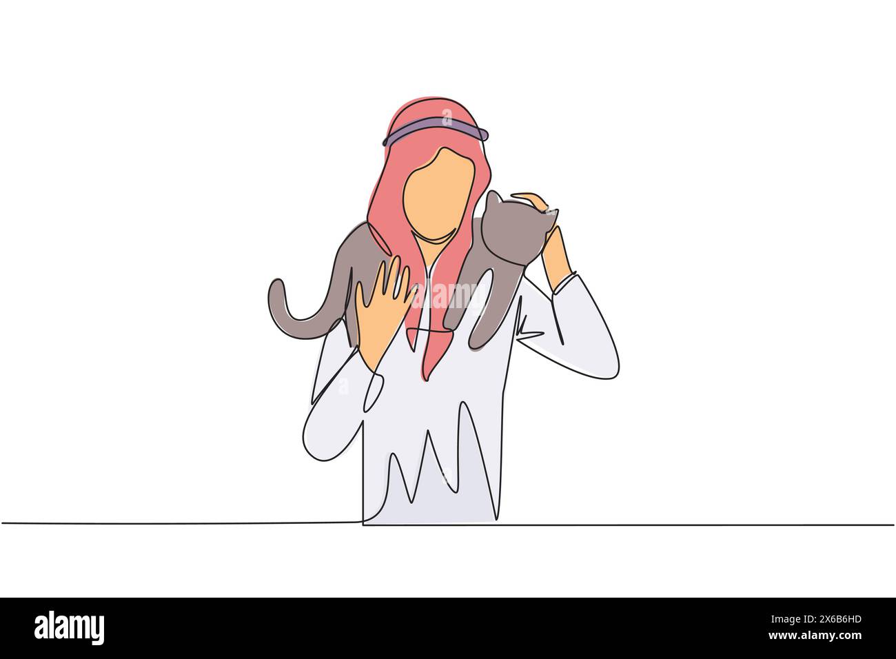 Un unico disegno continuo di un giovane energico arabo che porta il gatto sulle spalle. Uomo felice che abbraccia il suo amato animale domestico sulle spalle. Anima Illustrazione Vettoriale