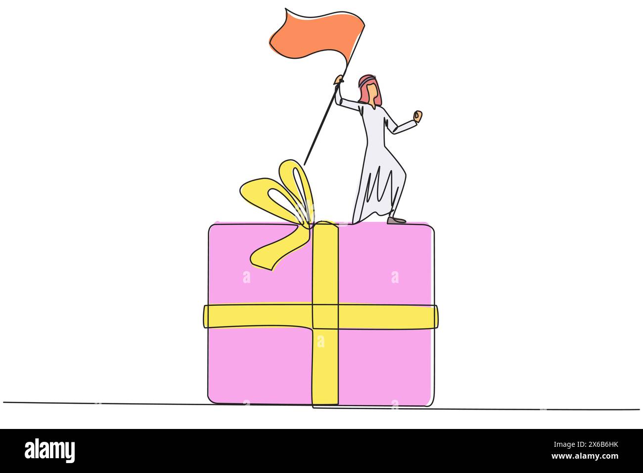 Un unico disegno continuo di un uomo d'affari arabo in piedi su una gigantesca scatola regalo che innalza la bandiera. Un uomo d'affari offre bonus di fine anno a tutti i dipendenti. Illustrazione Vettoriale