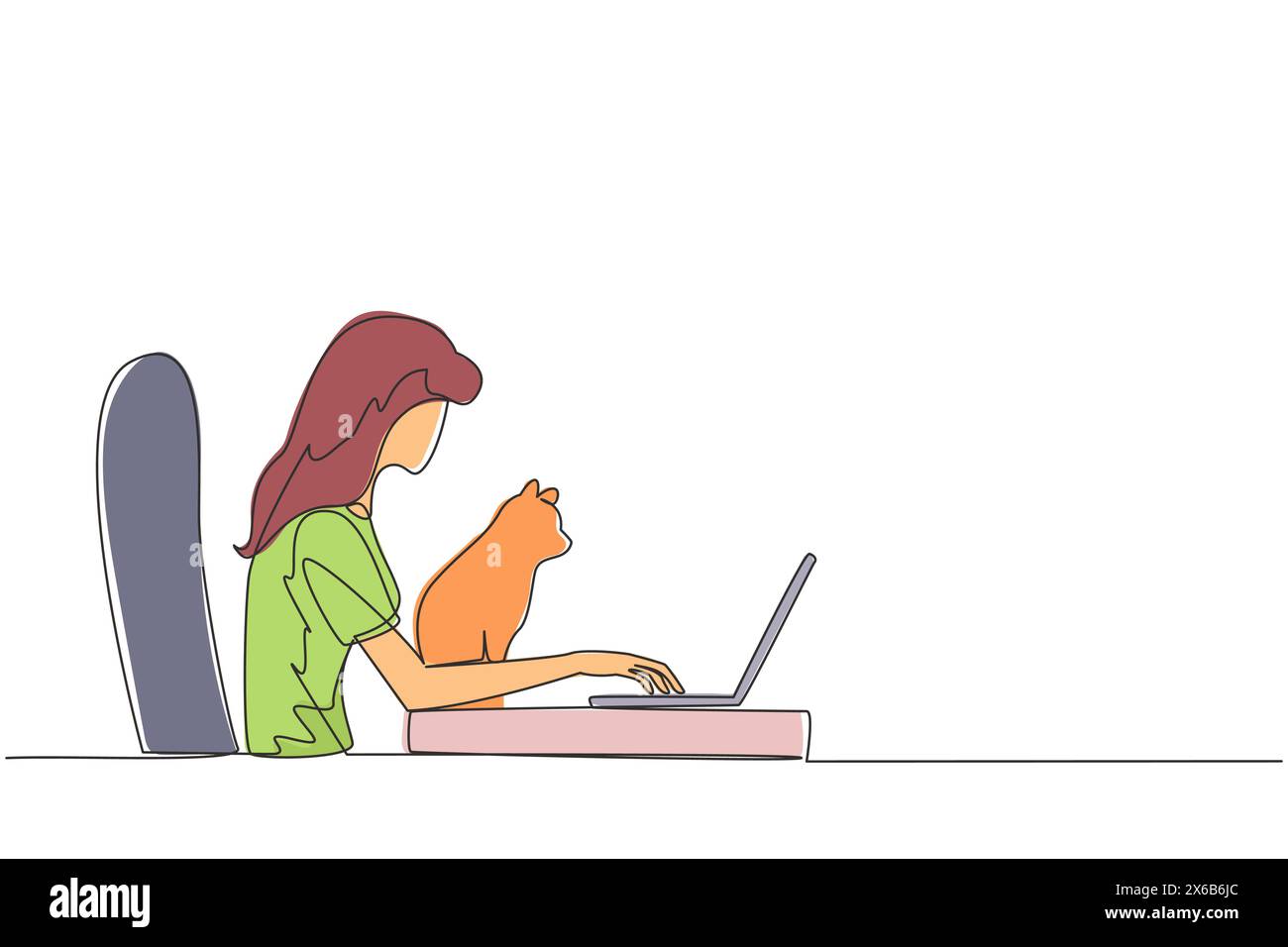 Disegno a linea singola continua di una bella donna seduta e che abbraccia un gatto mentre digita sul laptop. Il gatto carino sta guardando lo schermo del notebook. Anim Illustrazione Vettoriale