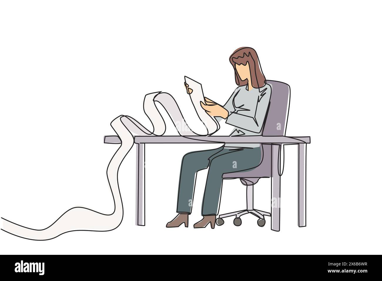 Disegno unico continuo di una donna d'affari seduta su una sedia da lavoro che regge un rotolo di carta per la fatturazione. Pagamento mensile di fatture ricorrenti. Stipendio del dipendente b Illustrazione Vettoriale