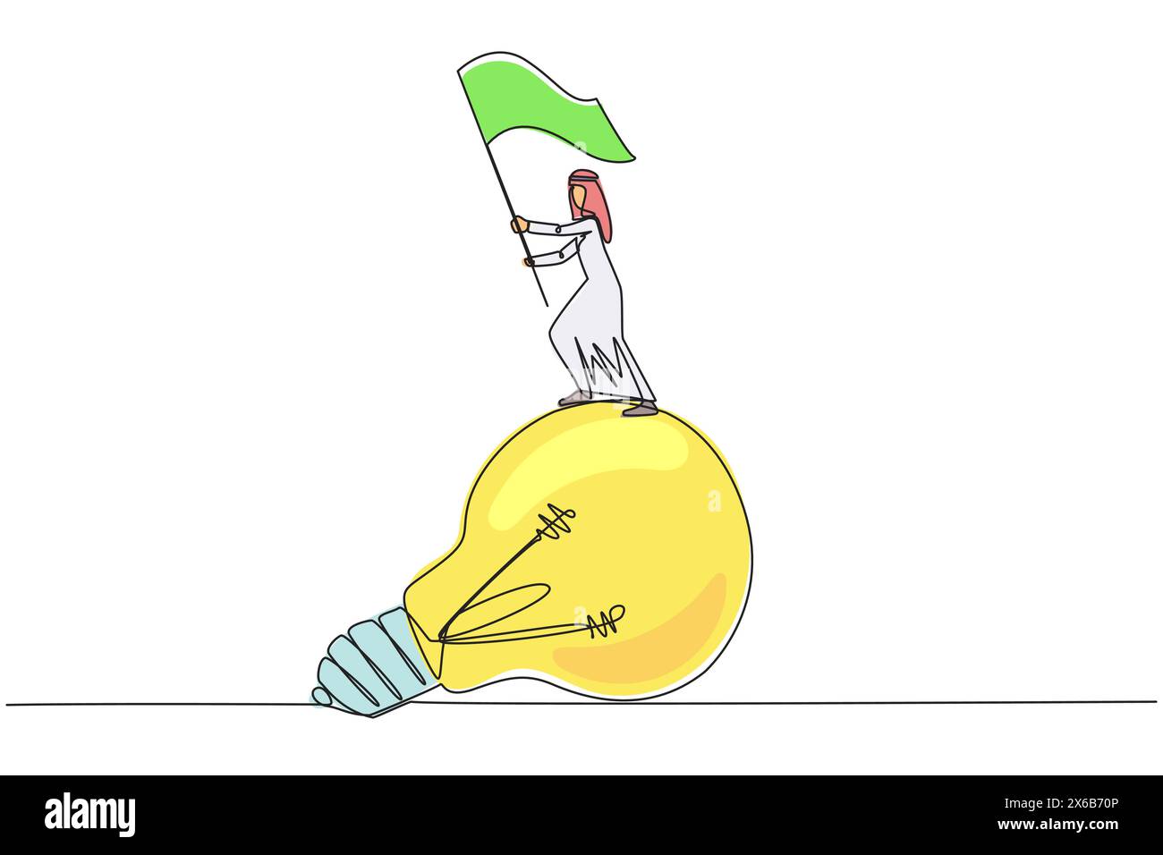 Disegno continuo di una linea di giovane uomo d'affari arabo in piedi su una lampadina gigante che innalza la bandiera in mano. Festeggiamo una grande idea per i prossimi Illustrazione Vettoriale