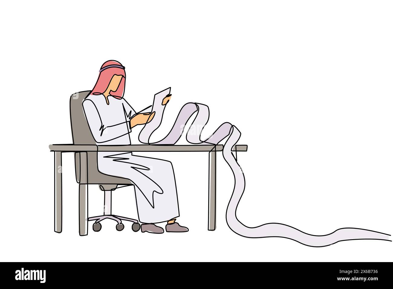 Linea singola continua che disegna un uomo d'affari arabo seduto su una sedia da lavoro che regge un rotolo di carta per la fatturazione. Pagamento mensile di fatture ricorrenti. Stipendio del dipendente b Illustrazione Vettoriale