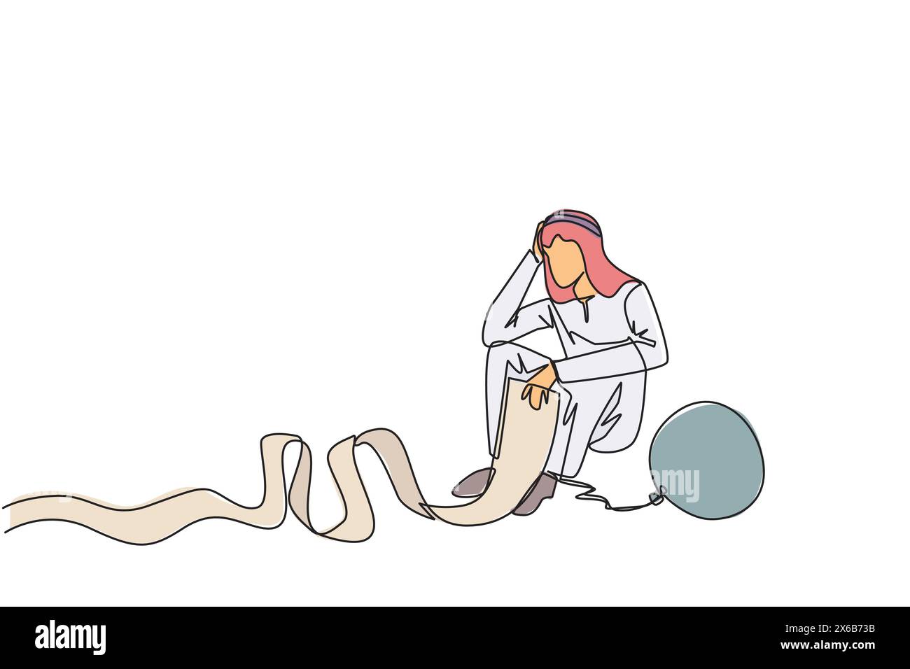 Un disegno su una sola linea di un uomo d'affari arabo si siede sul pavimento e i piedi sono incatenati da una sfera di acciaio tenendo in mano un foglio di fatturazione. Ingannato dal prestito sh Illustrazione Vettoriale