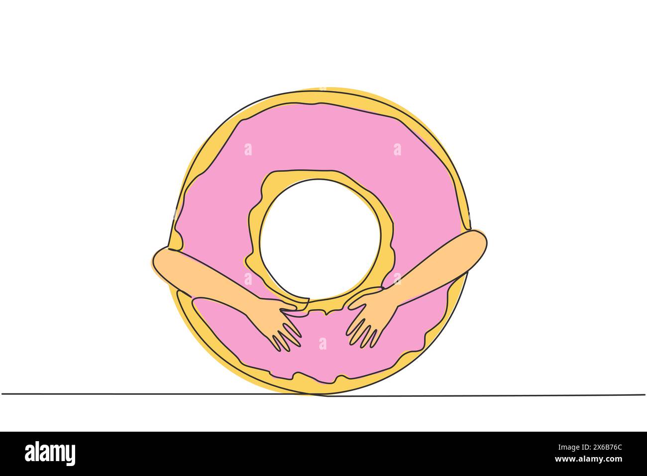 Linea singola continua per il disegno delle mani che abbracciano la ciambella. Torta che ha la forma caratteristica di un foro al centro. Fatto con farina di grano che ha me Illustrazione Vettoriale